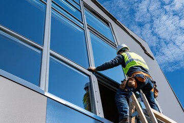 A worker installs energy-efficient windows on a sunny day in a modern building