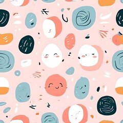 abstract illustration of seamless pattern of whimsical hand-drawn shapes and icons in soft pastel hues