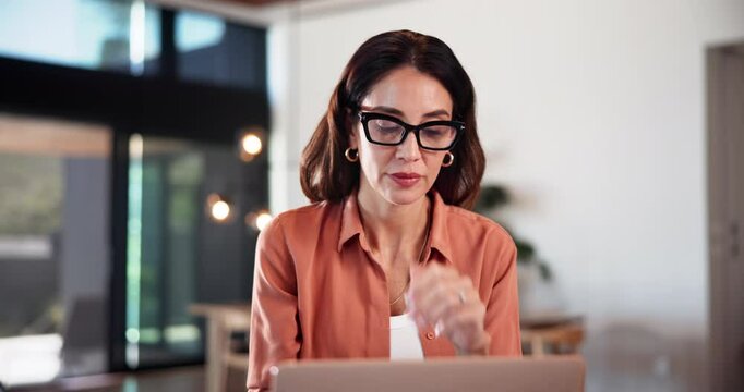 Laptop, inspiration and woman in home office for remote work, problem solving or planning. Computer, idea or freelancer thinking of solution, vision or insight for affiliate marketing or creative ads