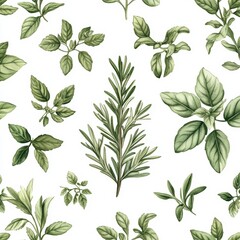 Seamless Watercolor Pattern Featuring Various Herbs in Natural Green Tones Perfect for Design and Illustrative Projects