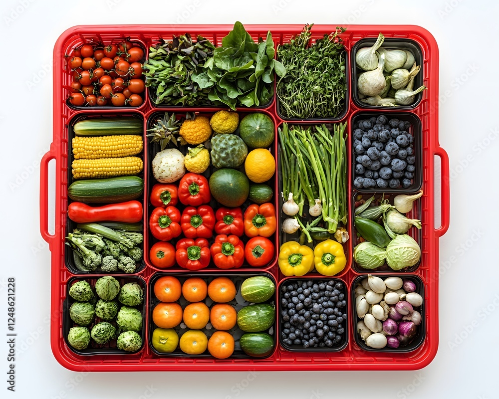 Poster assorted fresh produce arranged neatly in a red container