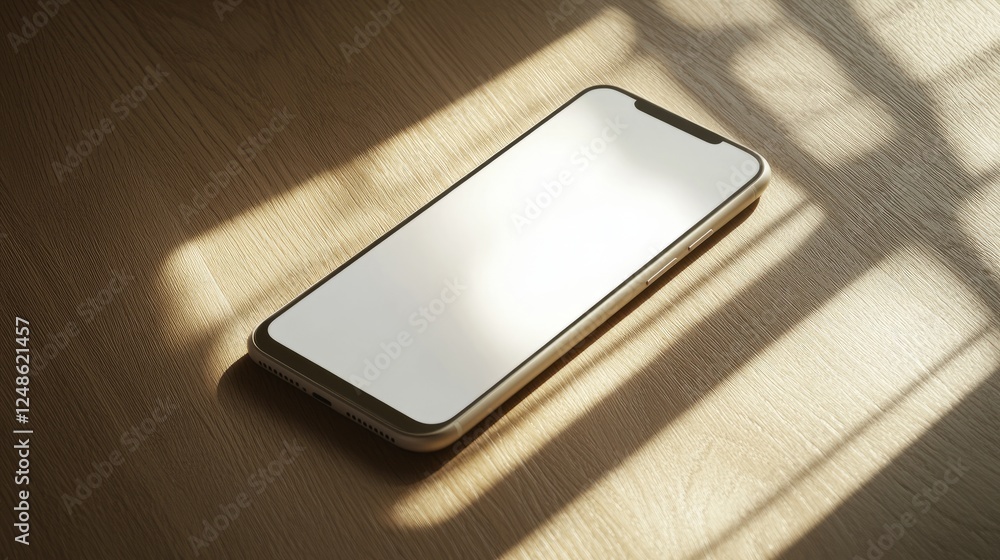 Poster blank-screen smartphone on a smooth background with soft sunlight casting gentle, diffused shadows.