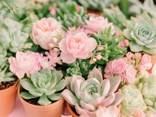 Fototapeta premium Green succulents with plump, fleshy leaves, in small terracotta pots, decorated with Light pink flowers, with a cozy, soft and warm feel 