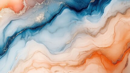Abstract fluid art with blue, orange, and gold.