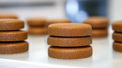 Stacked brown discs on a clean surface, showcasing a product display in a modern setting