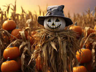 Smiling Jack-o'-lantern Scarecrow in Autumnal Cornfield at Sunset