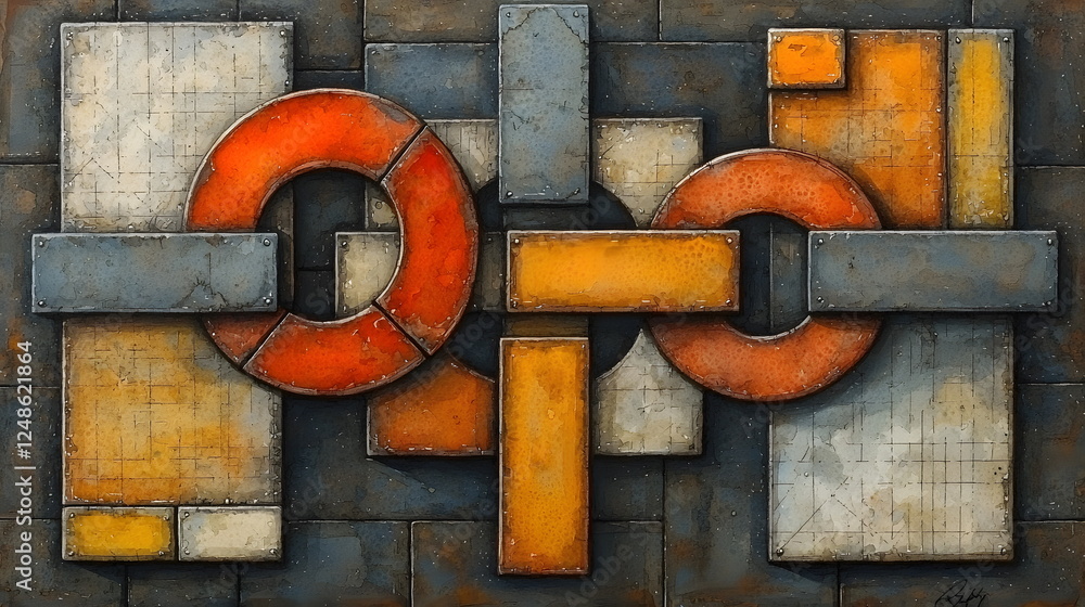 Poster abstract geometric art with circular shapes in orange and yellow on textured background