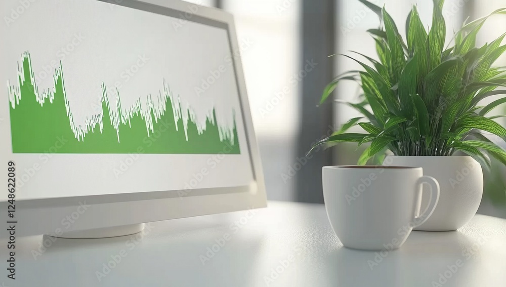 Poster analyzing green trendline data on screen displayed graph shows business growth potential