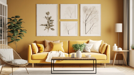 A cheerful living room featuring a mustard yellow sofa with white cushions