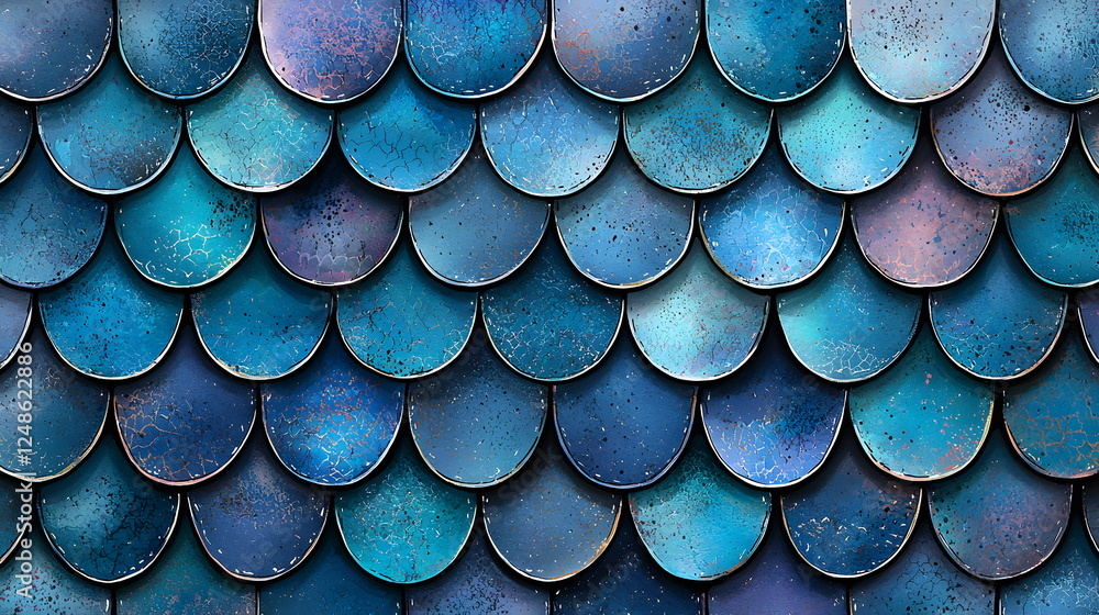 Poster blue metallic scale pattern with texture reflecting light in varying shades