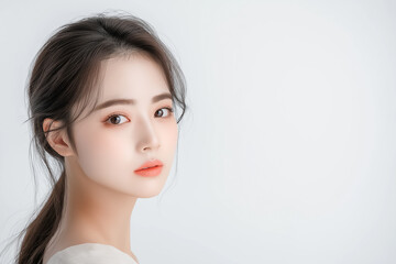 Naklejka premium A beauty portrait of a young Asian woman gazing thoughtfully, her soft hair framing her face, dressed in light-colored attire on a pure white background