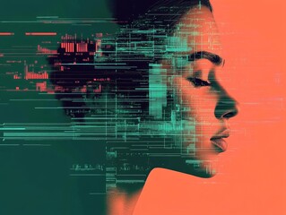 Digital Transformation: Woman's Face Merging with Technological Data
