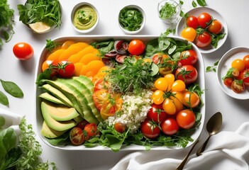 vibrant plant based meal arrangement showcasing fresh ingredients beautiful presentation clean table setting, appetizer, entree, cuisine, dish, plate