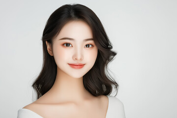 Fototapeta premium A beauty portrait of a young Asian woman with a bright and confident smile, her glossy black hair flowing naturally, dressed in a light outfit on a pure white background