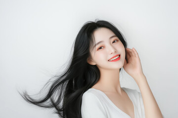 Fototapeta premium A beauty portrait of a young Asian woman with a bright and confident smile, her glossy black hair flowing naturally, dressed in a light outfit on a pure white background