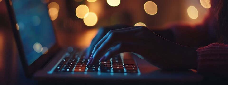 A person is typing on a laptop in a dimly lit room