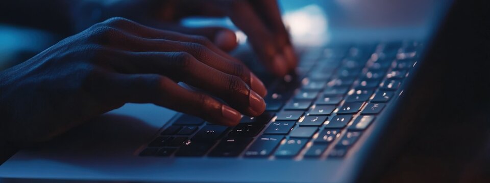 A person is typing on a laptop in a dimly lit room