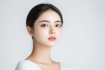 Obraz premium A beauty portrait of a young Asian woman with a confident expression, her sleek black hair tied back neatly, dressed in a white shirt on a snow-white background