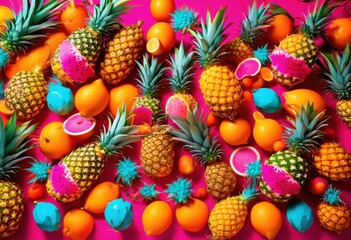 Fototapeta premium tropical fruits floating above vibrant colorful background bright hues bold patterns, apple, banana, orange, grape, kiwi, watermelon, mango, pineapple