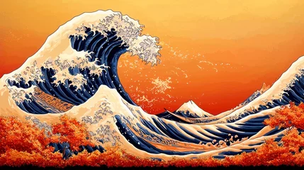Fotobehang Autumnal Serenity: A majestic wave crests against a fiery sunset, encapsulating the timeless beauty of nature's artistry. © Hammam