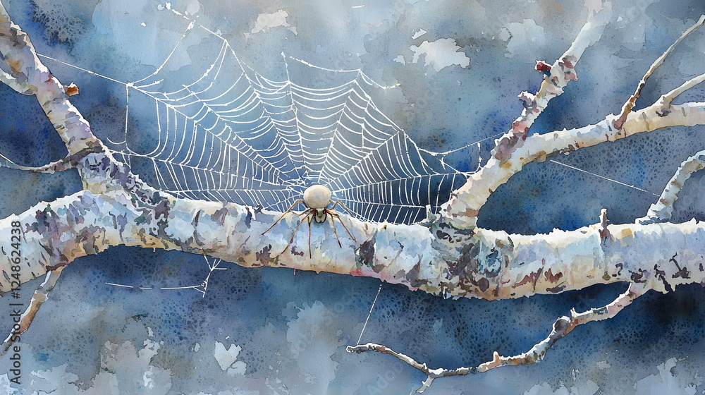 Poster delicate spider weaving intricate web on a branch in soft watercolor hues