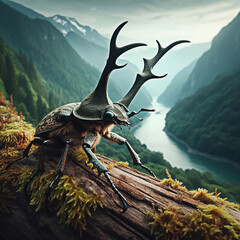 Fototapeta premium Close-up of a Horned Beetle on a Rotten Tree with Moss in a Green Jungle