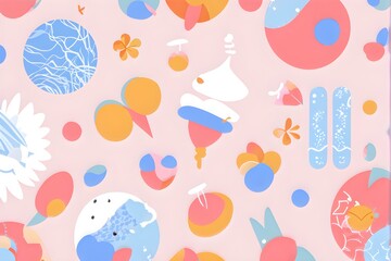 abstract illustration of seamless pattern of whimsical hand-drawn shapes and icons in soft pastel hues