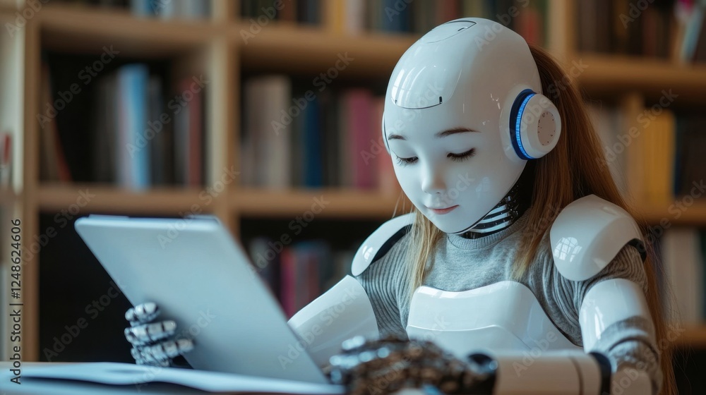 Poster robots using multi-screen computer systems with a lot of data for modern learning work.