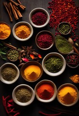 close vibrant spices displayed textured wood surface capturing rich colors unique shapes, flavor, grain, nutmeg, paprika, turmeric, chili, pepper, cumin