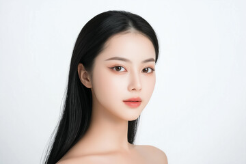 Fototapeta premium A beauty portrait of a young Asian woman with long, sleek black hair cascading over her shoulders, her expression serene, against a white background