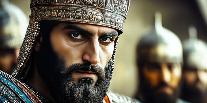Cyrus II Great King displays leadership in a dramatic moment set in ancient Persia. Header banner mockup with copy space.