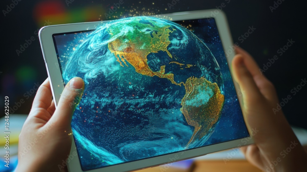 Poster a tablet with a screen that opens up and shows a beautiful graphic of the world, representing the co