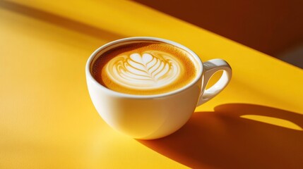 Latte art coffee cup, sunny cafe, yellow table
