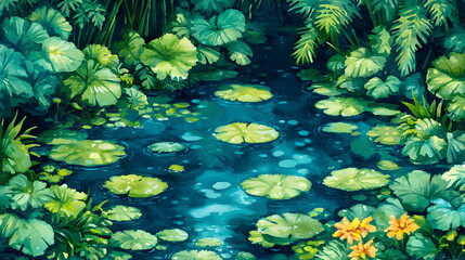 Lily pads floating on tranquil pond surrounded by lush green foliage and colorful flowers.