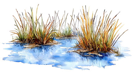 Vibrant watercolor painting of marsh grass and water reflections in a serene natural setting