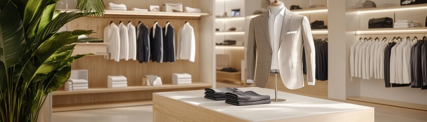 A stylish clothing store interior showcasing neatly arranged garments and a modern design aesthetic.