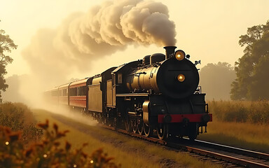 Fototapeta premium A vintage steam locomotive traveling through a picturesque countryside.