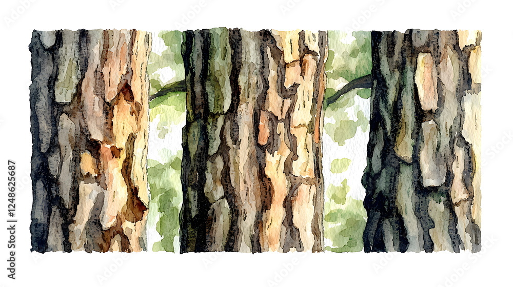 Poster pine tree bark textures showcasing various colors and patterns in a watercolor style.