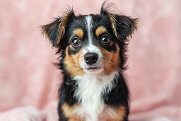 A close-up portrait of a playful small dog with a fluffy coat and expressive eyes, set against a soft pink background