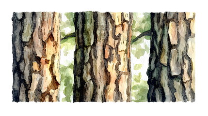 Pine tree bark textures showcasing various colors and patterns in a watercolor style.