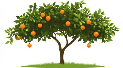 Lush orange tree, ripe fruit, green grass, white background; healthy food imagery