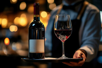 Elegant waiter presents red wine on a tray in a fine dining restaurant at night