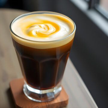 A vibrant Vietnamese egg coffee with a thick, creamy layer of whipped egg yolk on top of strong black coffee
