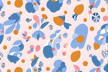 abstract illustration of seamless pattern of whimsical hand-drawn shapes and icons in soft pastel hues
