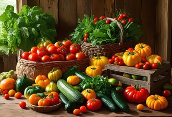 vibrant display fresh farm produce artfully arranged rustic natural wood table capturing essence harvest natural beauty, organic, fruits, vegetables, seasonal