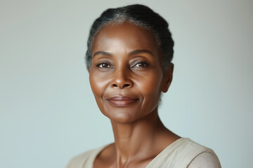A beauty portrait of an elderly African American woman with a polished short hairstyle and flawless skin, dressed in a beige top, set against a clean white background