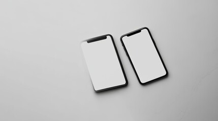 Minimalist workspace with a laptop and smartphone placed side by side on a clean white table, screens off. Top view