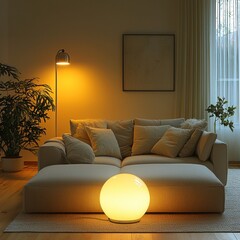 Cozy living room with a modern sofa, warm lighting, and indoor plants, creating a serene atmosphere for relaxation
