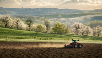 Fototapeta premium A red tractor tills the fertile fields in springtime