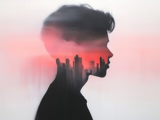 abstract silhouette portrait with city skyline at sunset